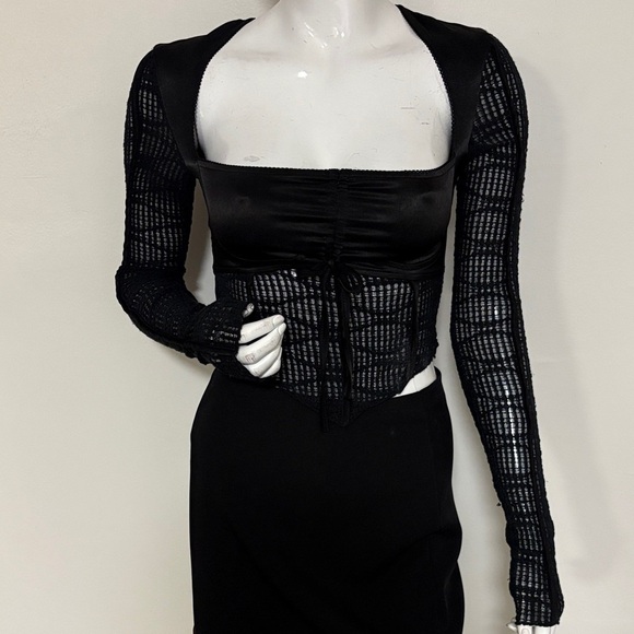 Guizio Tops - Danielle Guizio Black Long Sleeve Satin & Lace Fitted Fairy Vamp Goth Crop Top